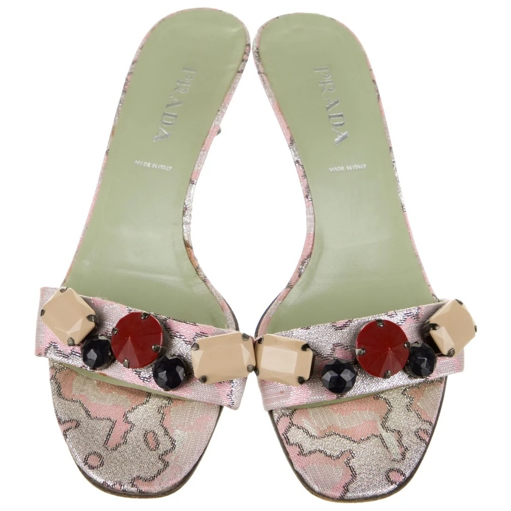 Prada Pink and Tan Mules with Floral Embellishments